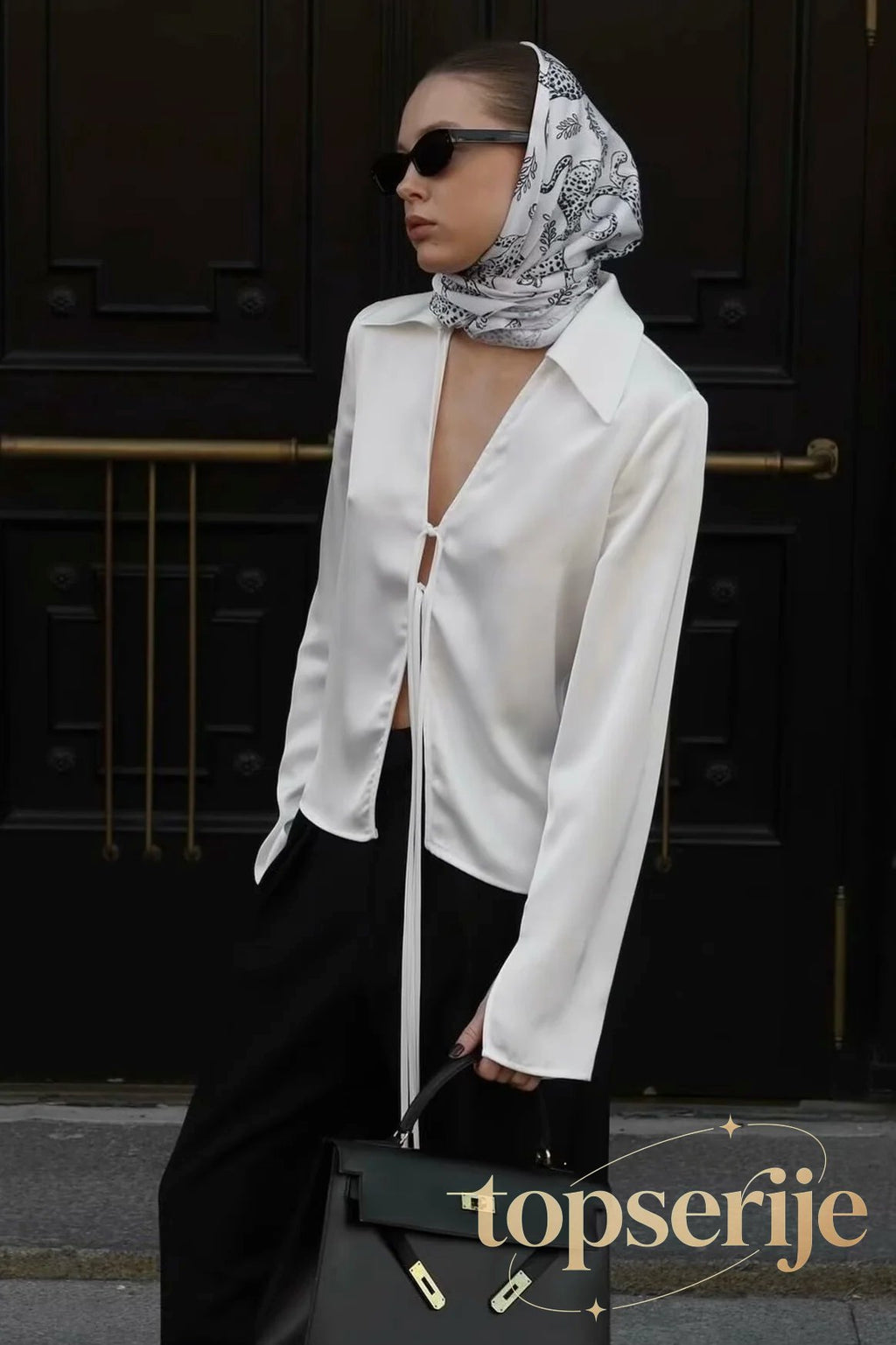 Acetate Satin Bow Tie V Neck Minimalist Long Sleeve Blouse