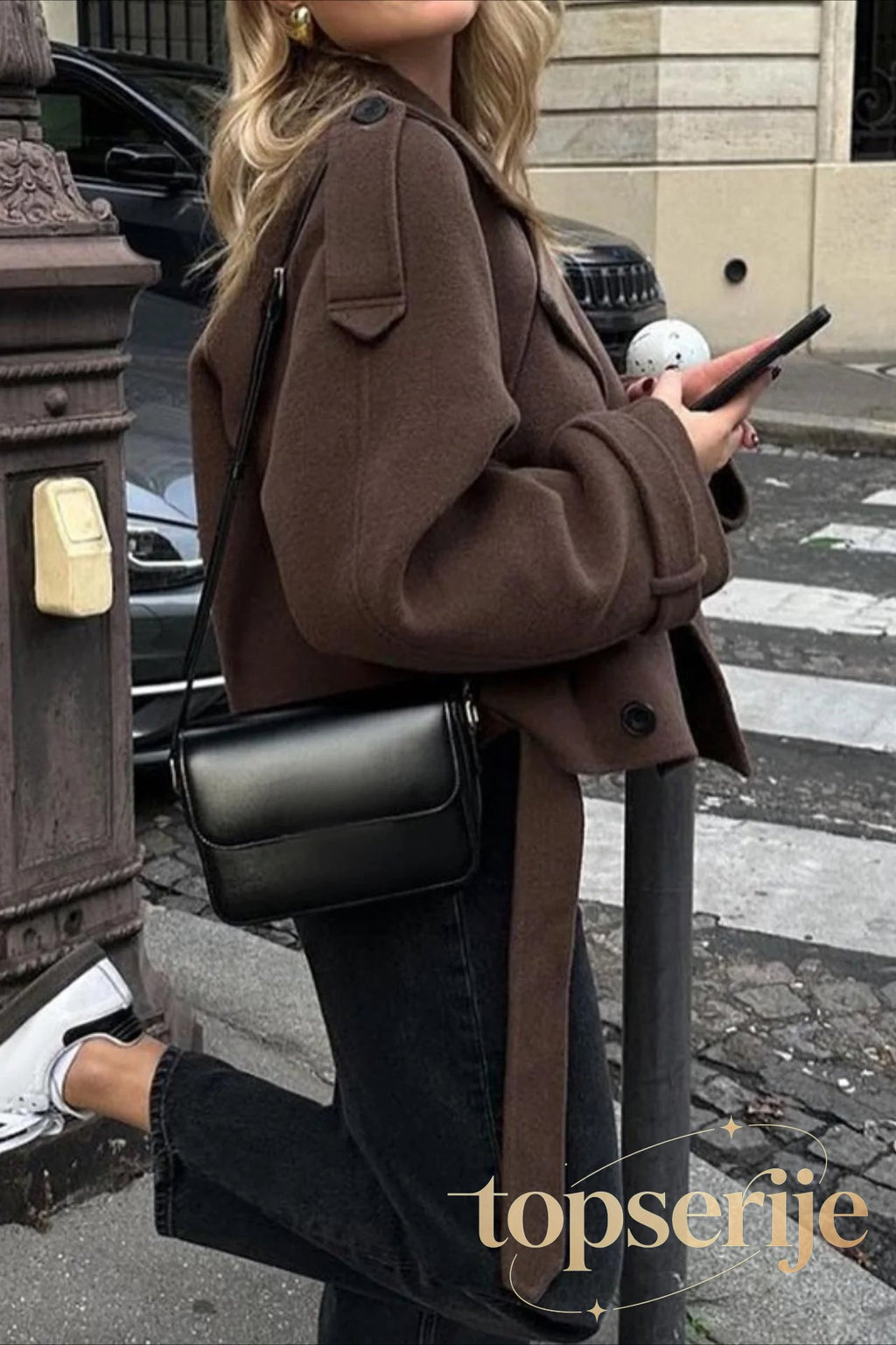 Wide Lapel Belted Cropped Wool Coat