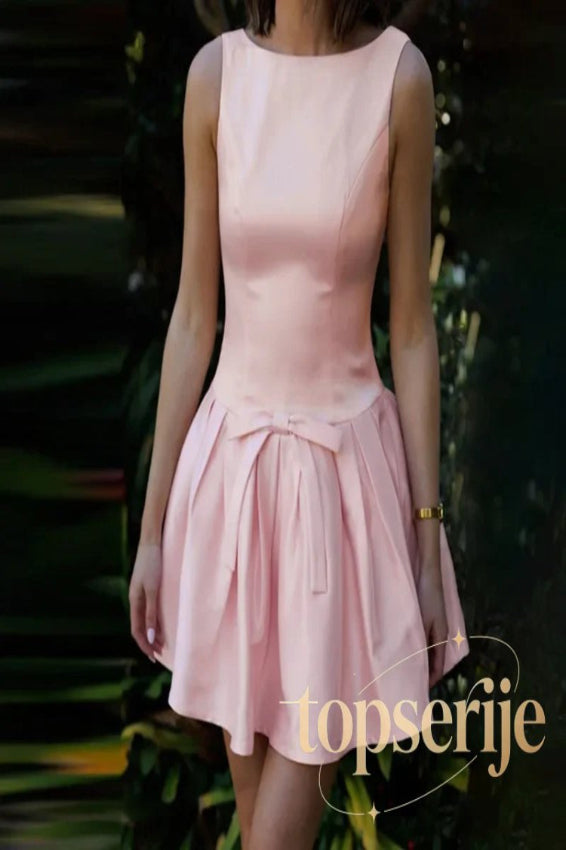 Bow Backless Pleated Sleeveless Mini Dress