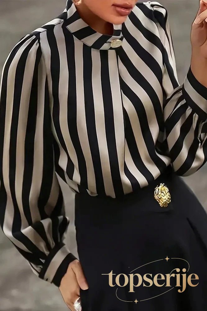 Striped Plus Size Satin Gold Button Elegant Workwear Blouse