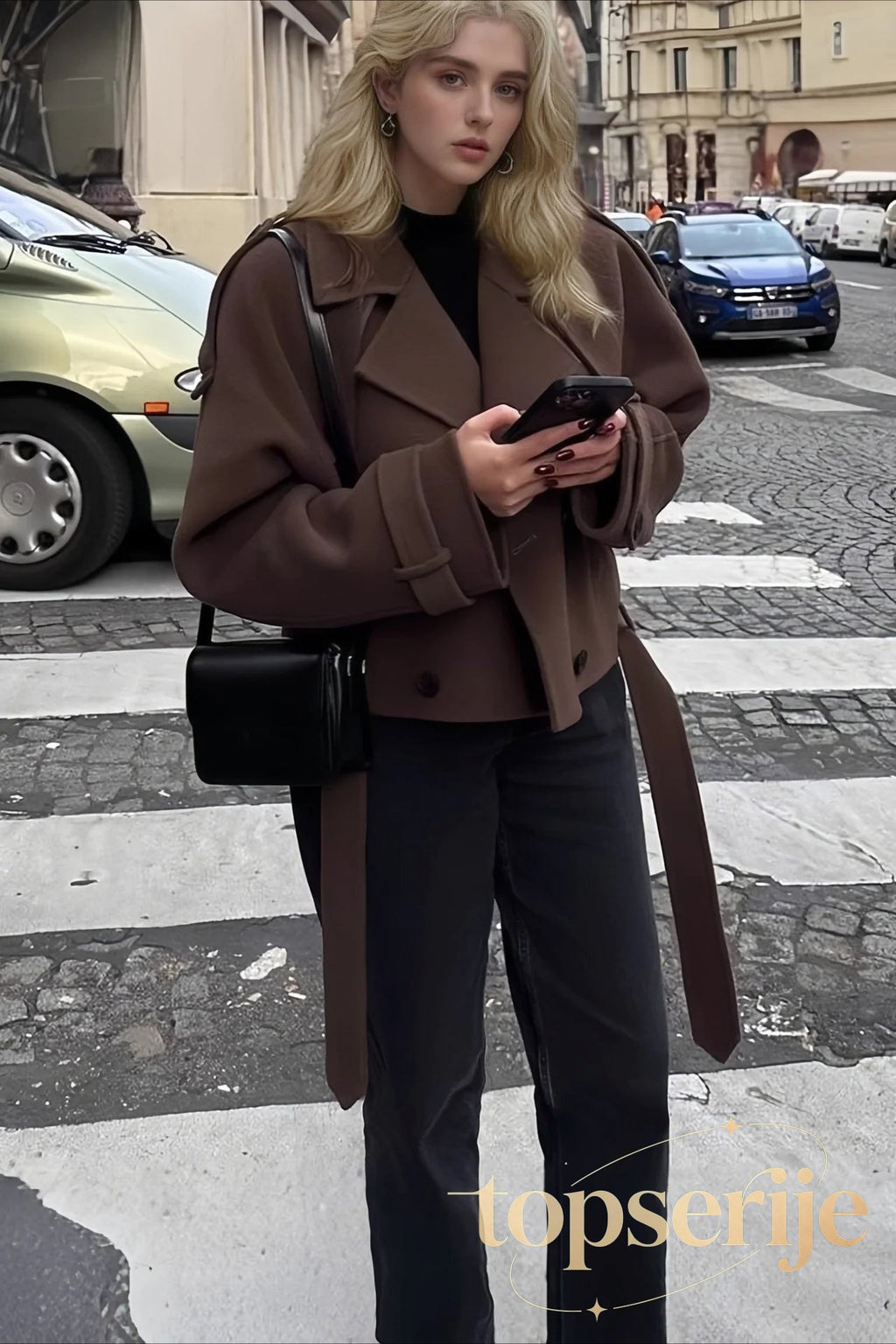 Wide Lapel Belted Cropped Wool Coat