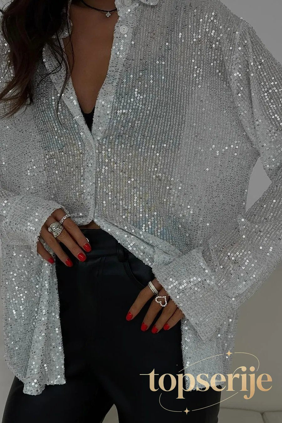 Sequin Collared Long Sleeve Sexy Glamorous Blouse