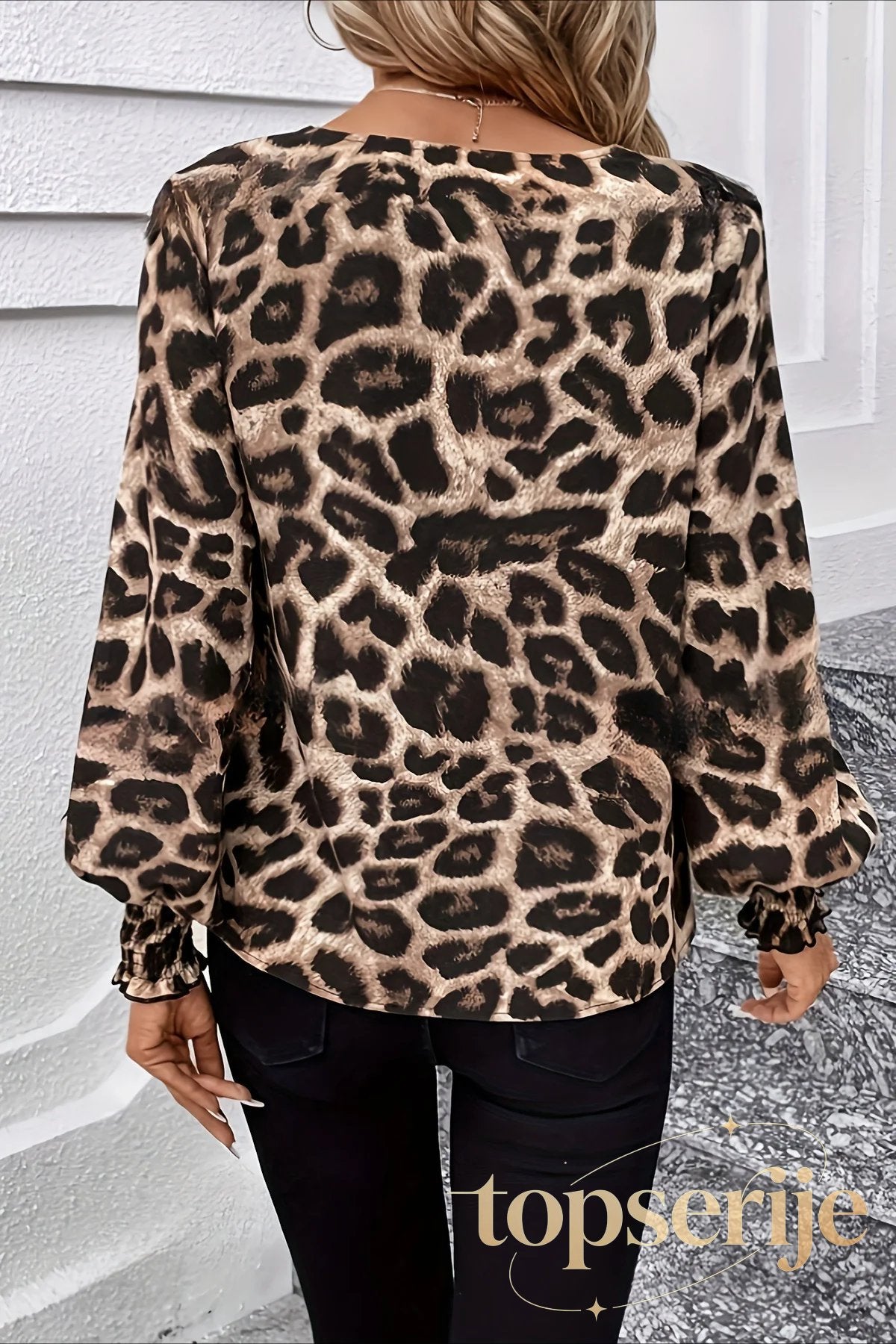 Leopard Print V Neck Chiffon Loose Long Sleeve Blouse