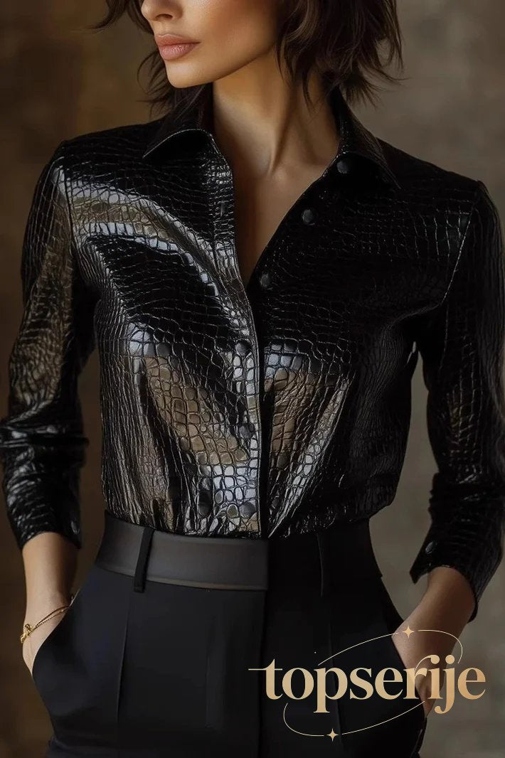 Snake Print Faux Leather Shiny Long Sleeve Chic Blouse