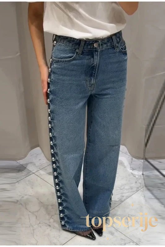 Beaded High Waist Straight Leg Jeans