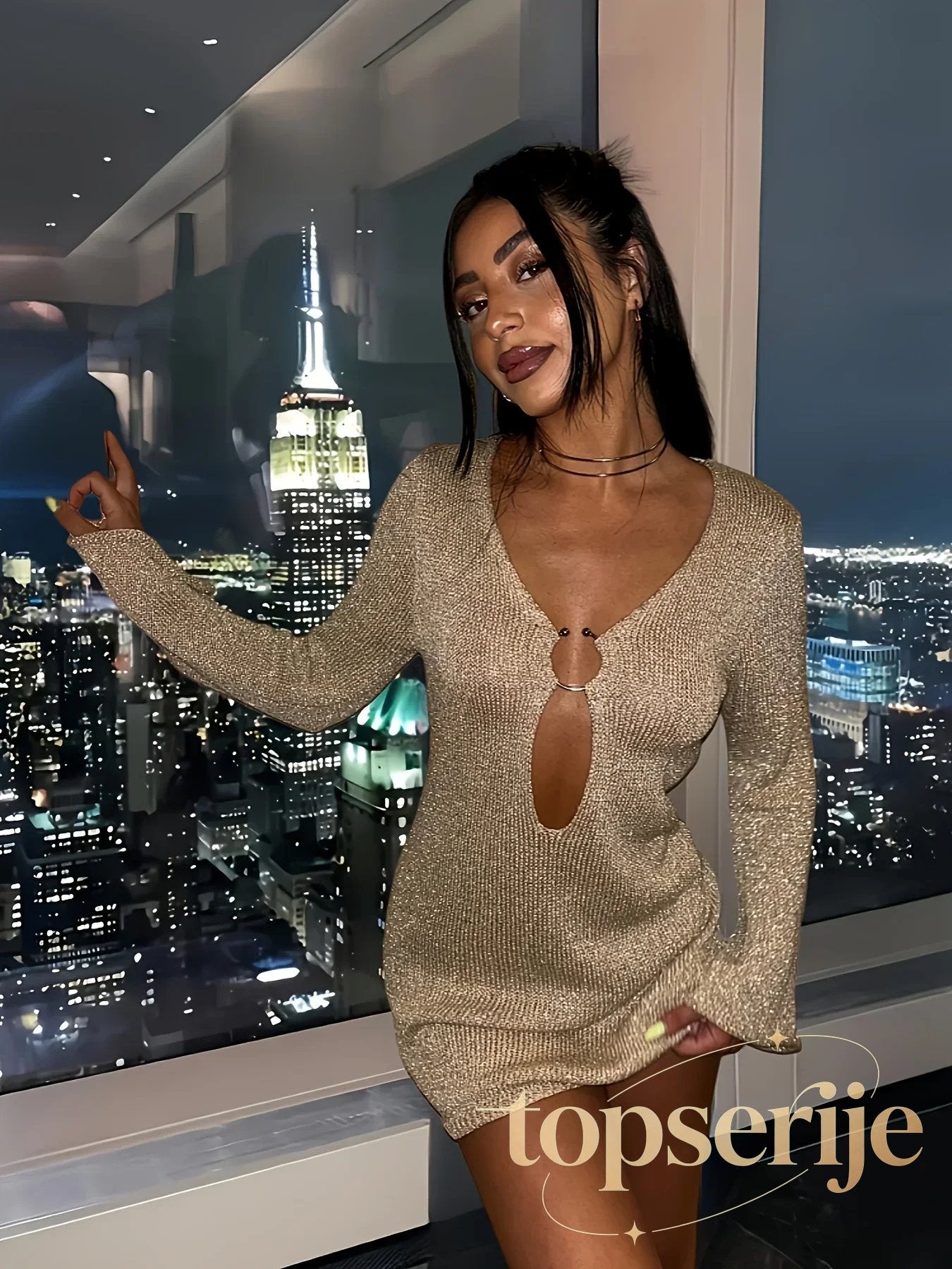 Knitted Flared Sleeve V Neck Mini Dress