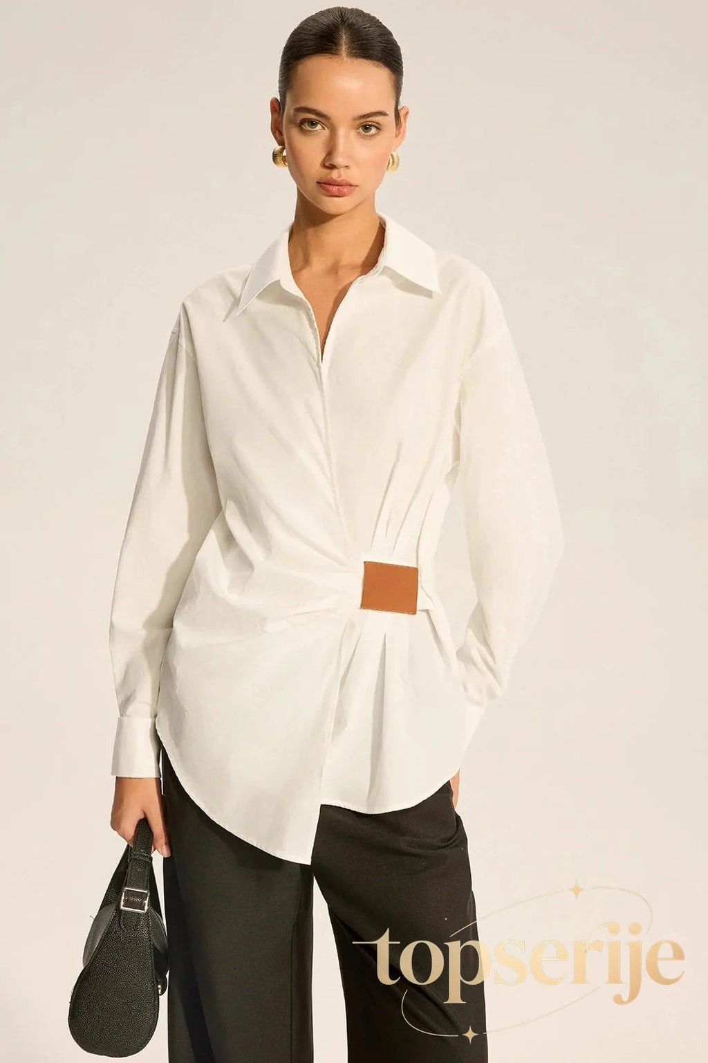 Faux Leather Panel Ruched Collared Slim Versatile Blouse
