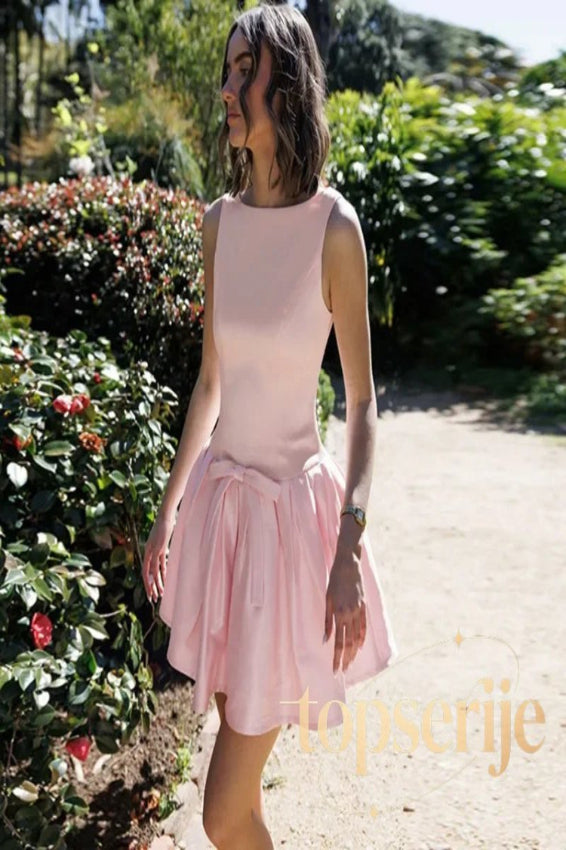 Bow Backless Pleated Sleeveless Mini Dress