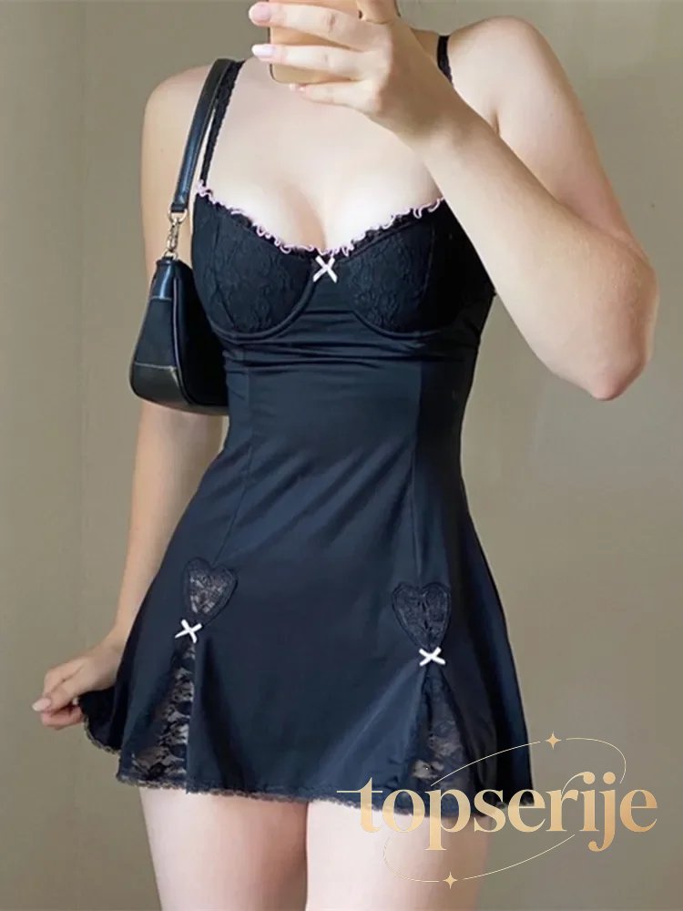 Gothic Lace Trim Split V Neck Mini Dress