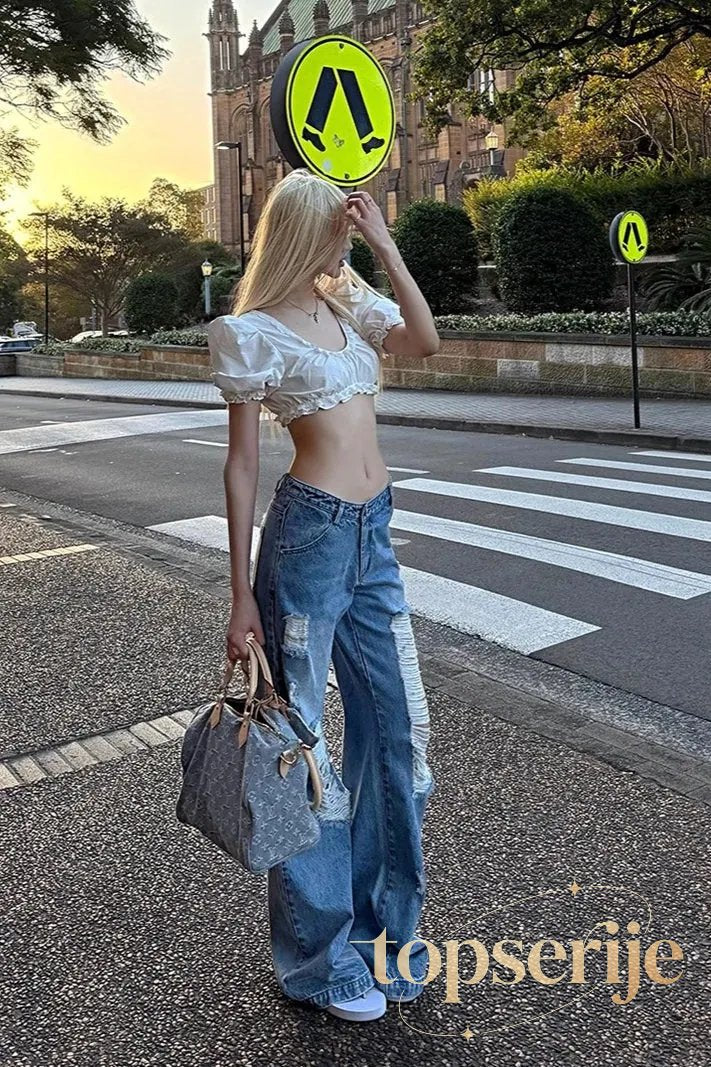 Street Style Ripped Loose Fit Wide-Leg Jeans