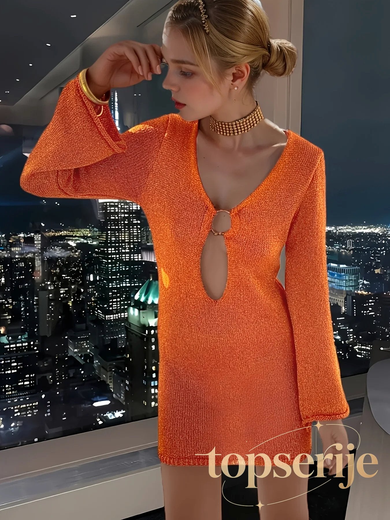 Knitted Flared Sleeve V Neck Mini Dress
