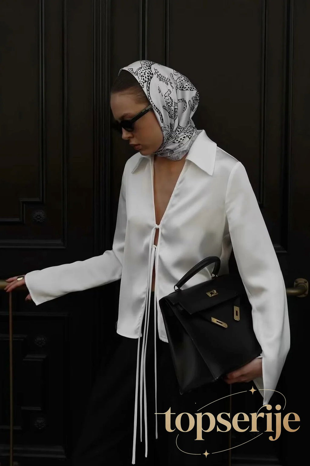 Acetate Satin Bow Tie V Neck Minimalist Long Sleeve Blouse
