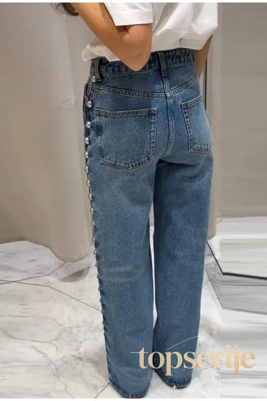 Beaded High Waist Straight Leg Jeans