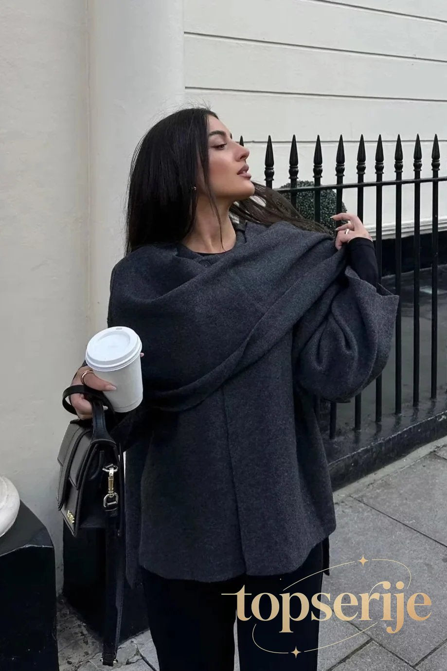 Cropped Knit Asymmetric Scarf Collar Coat