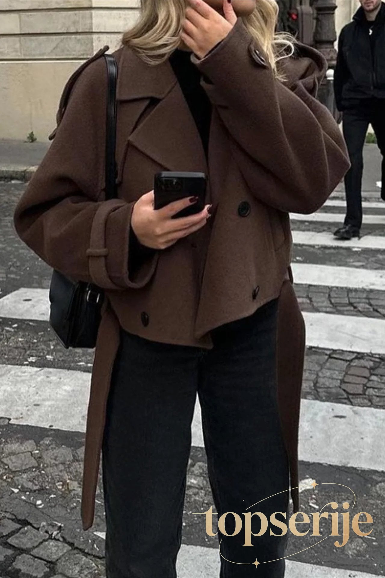 Wide Lapel Belted Cropped Wool Coat