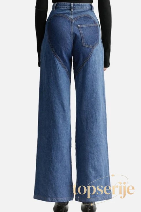 Hollow Button Patchwork Wide Leg Jeans