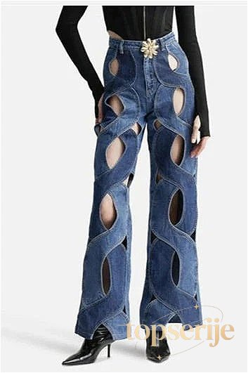 Hollow Button Patchwork Wide Leg Jeans