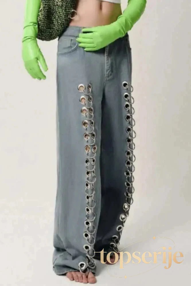 Metal Hole Hollow Out Straight Jeans