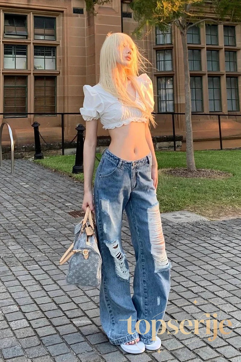 Street Style Ripped Loose Fit Wide-Leg Jeans