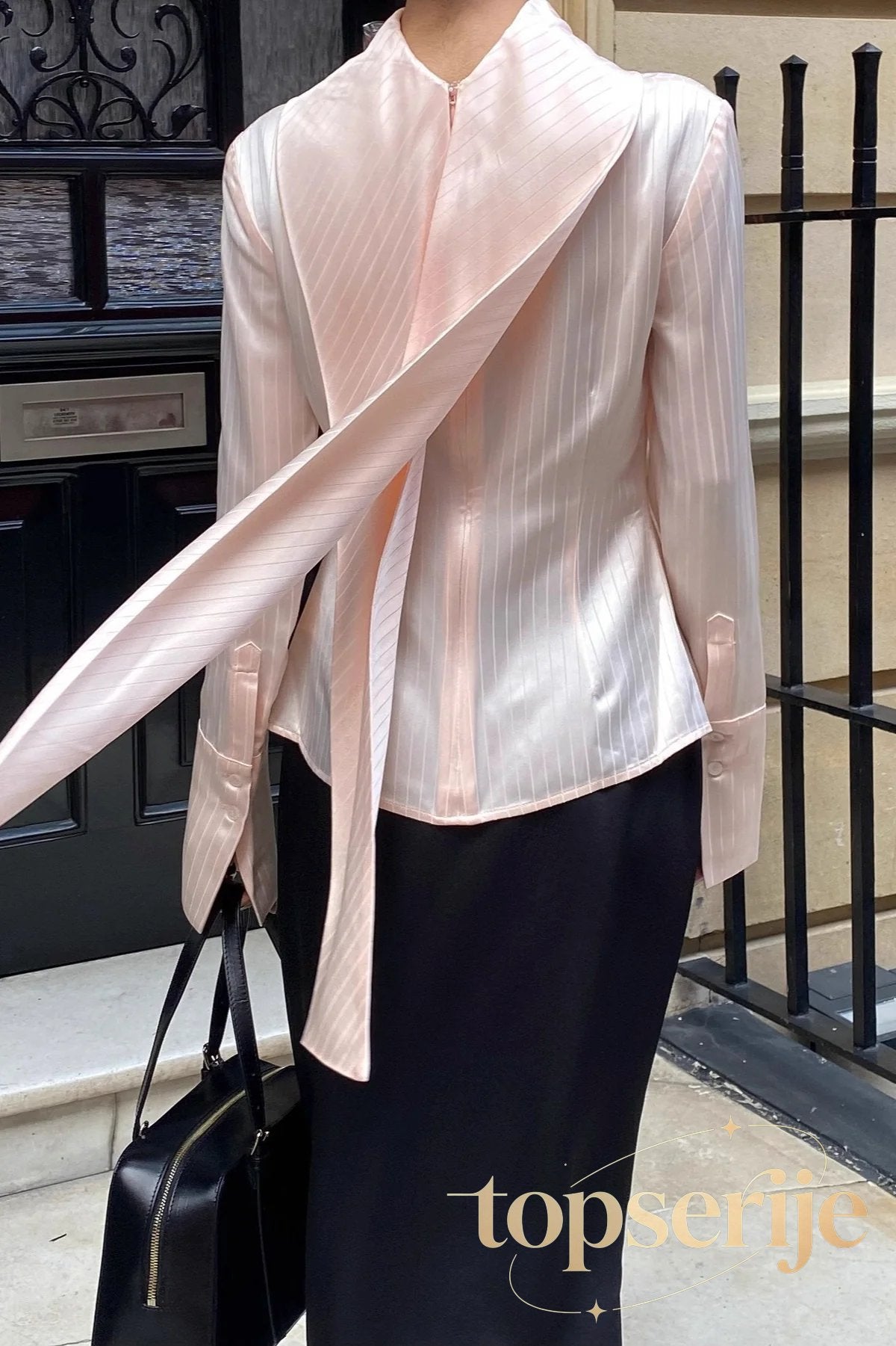 Stand Collar Neck Tie Slim Fit Workwear Long Sleeve Blouse