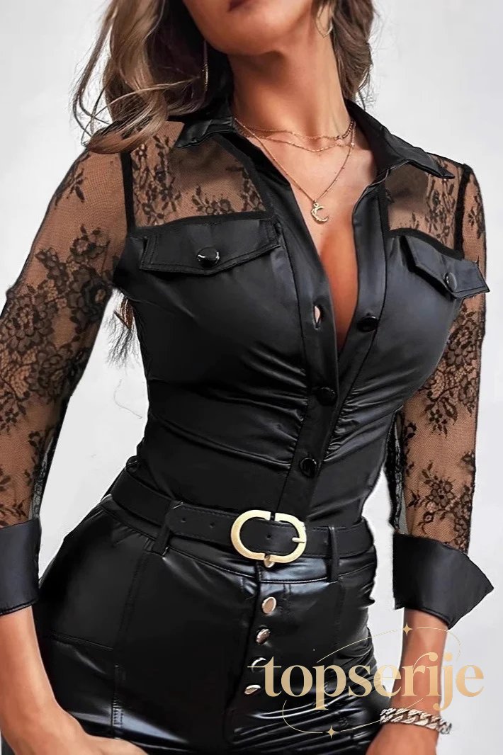 Lace Leather Panel Sheer Sexy Long Sleeve Chic Blouse
