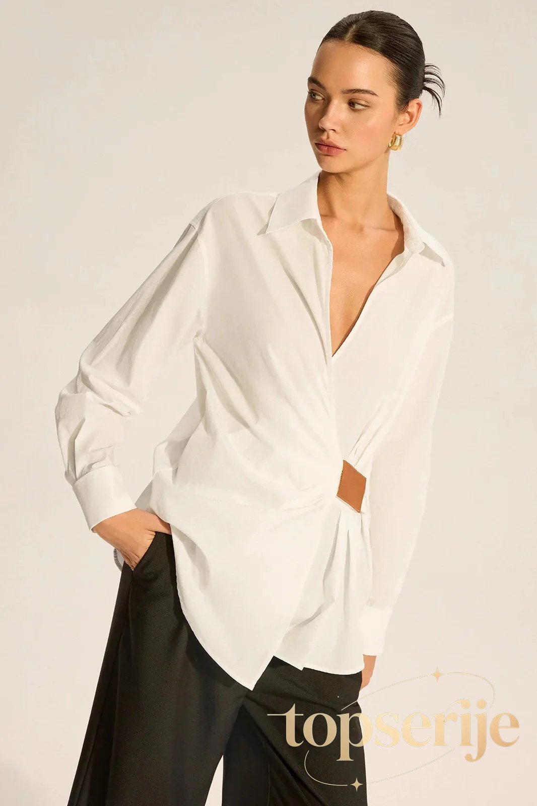 Faux Leather Panel Ruched Collared Slim Versatile Blouse