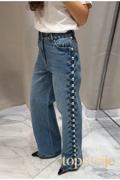 Beaded High Waist Straight Leg Jeans