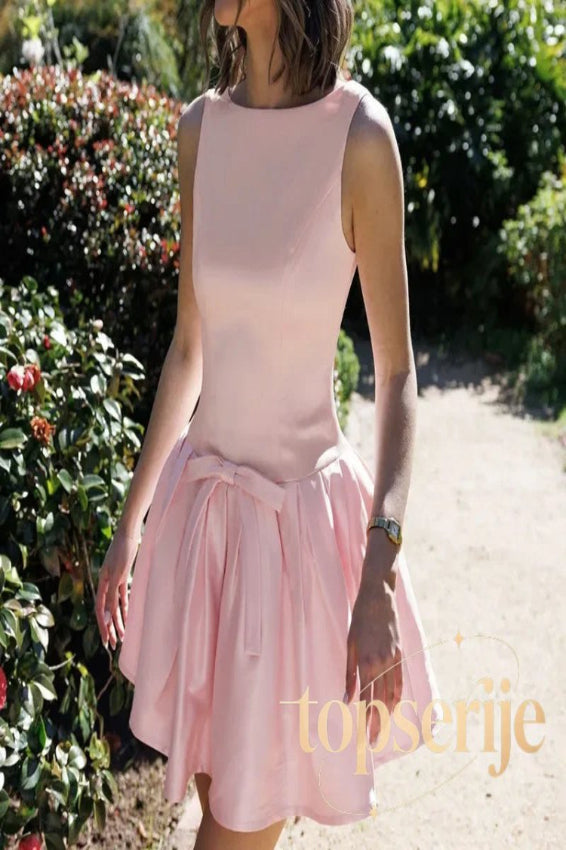 Bow Backless Pleated Sleeveless Mini Dress