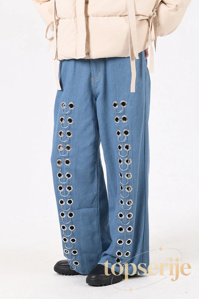 Metal Hole Hollow Out Straight Jeans