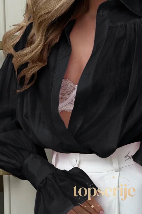 Loose Collared Solid Color Versatile Long Sleeve Blouse