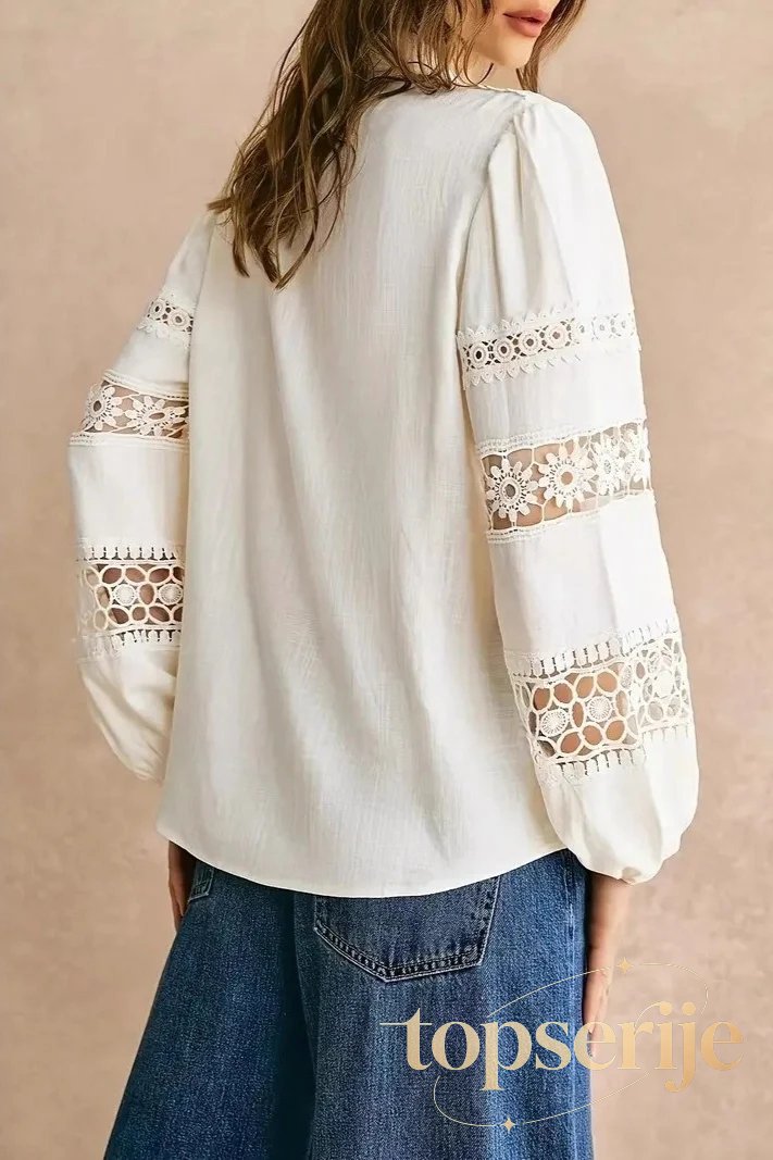 Lace Trim Hollow Out Ruffled Collared Workwear Blouse