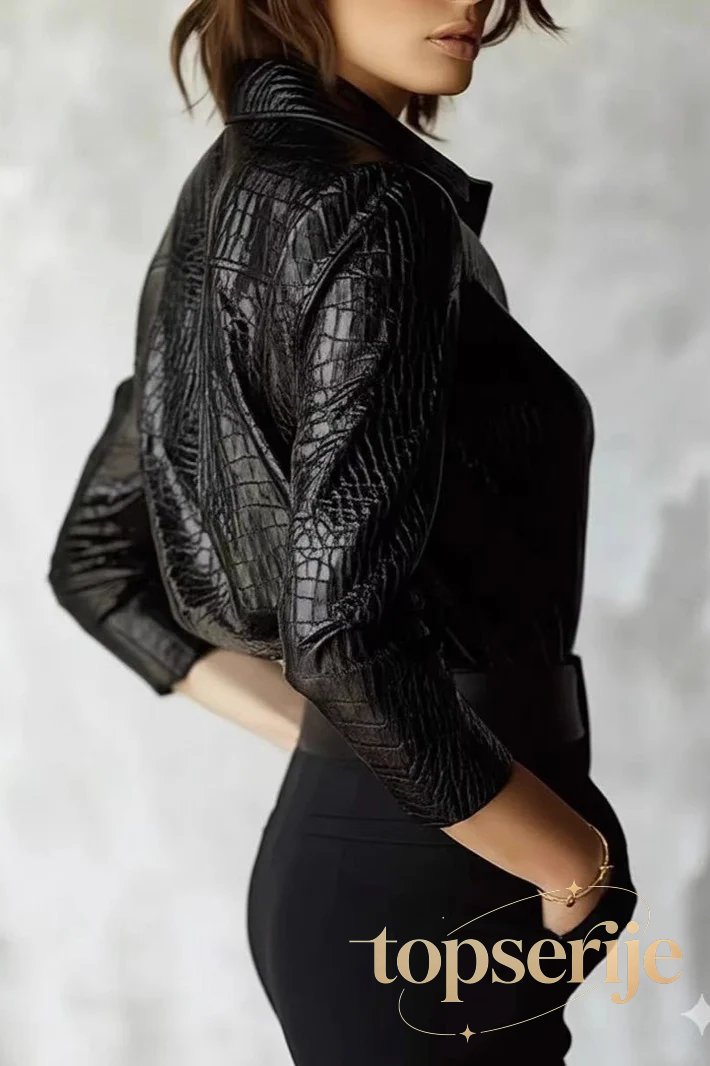 Snake Print Faux Leather Shiny Long Sleeve Chic Blouse