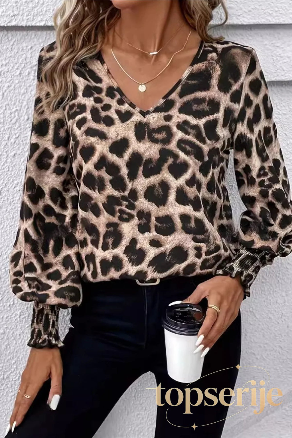 Leopard Print V Neck Chiffon Loose Long Sleeve Blouse