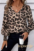 Leopard Print V Neck Chiffon Loose Long Sleeve Blouse
