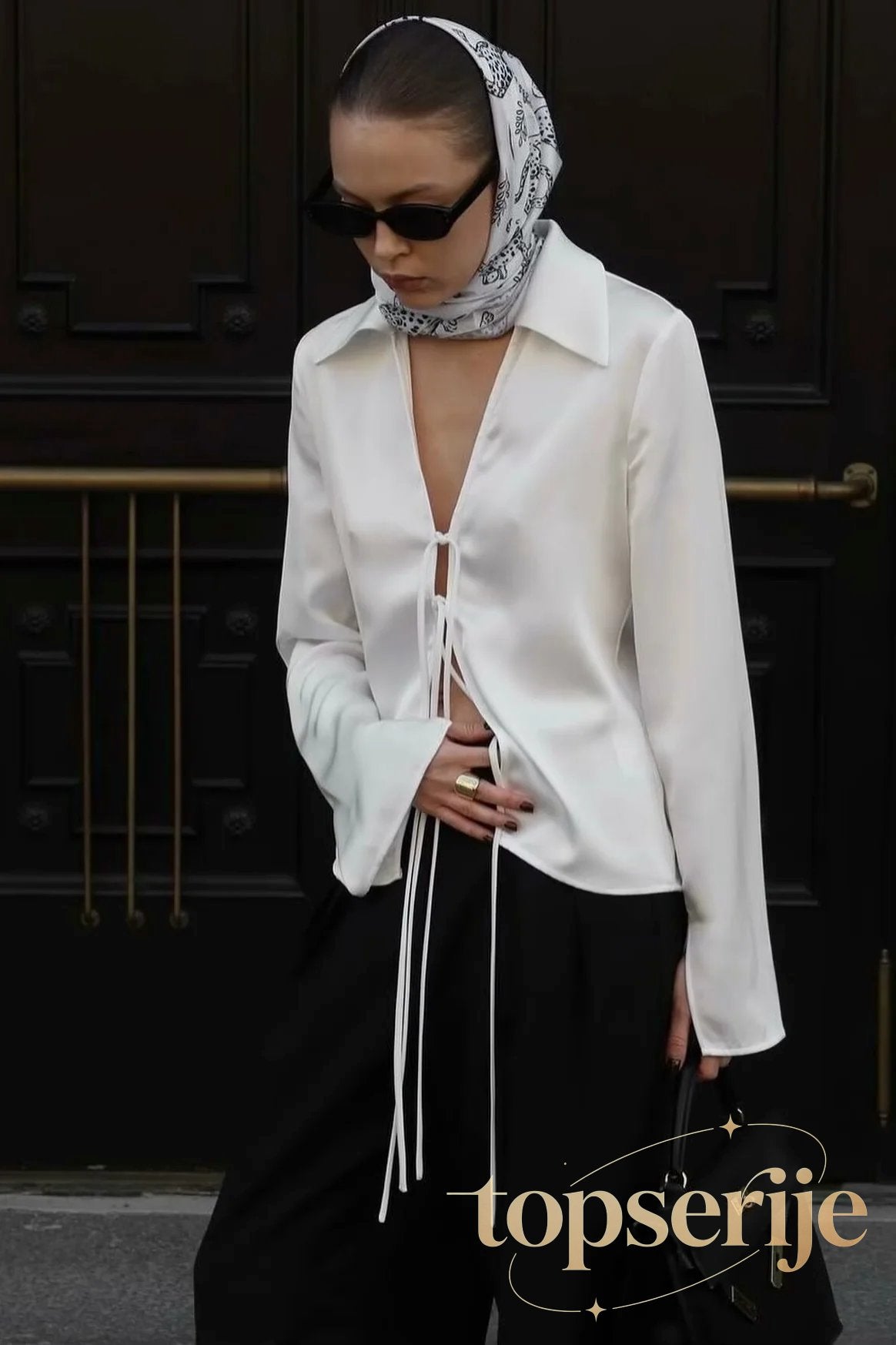 Acetate Satin Bow Tie V Neck Minimalist Long Sleeve Blouse
