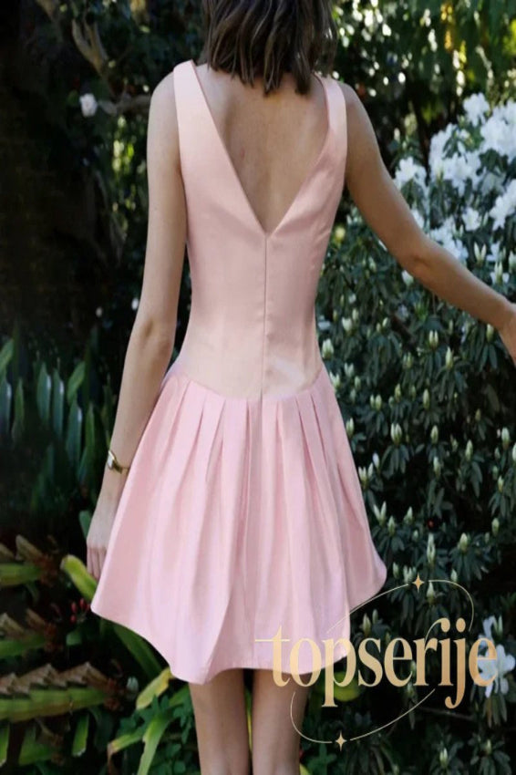 Bow Backless Pleated Sleeveless Mini Dress