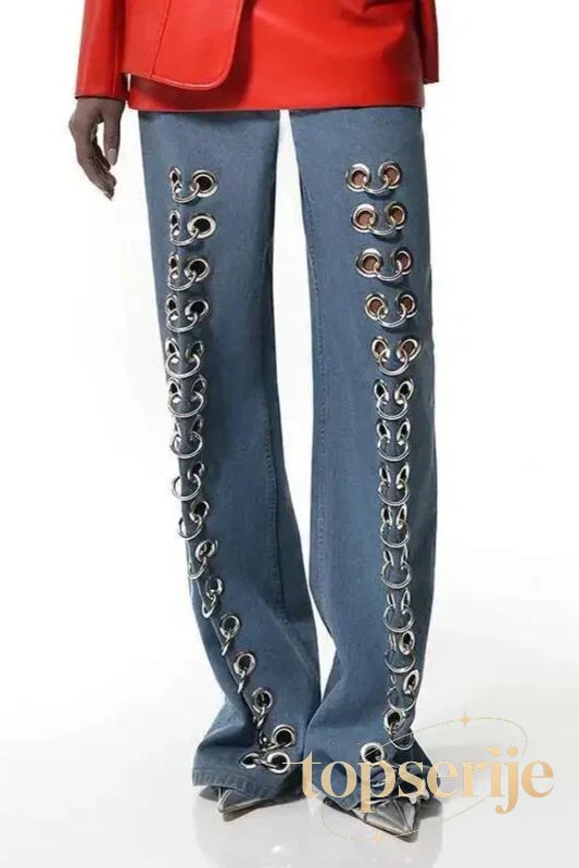 Metal Hole Hollow Out Straight Jeans