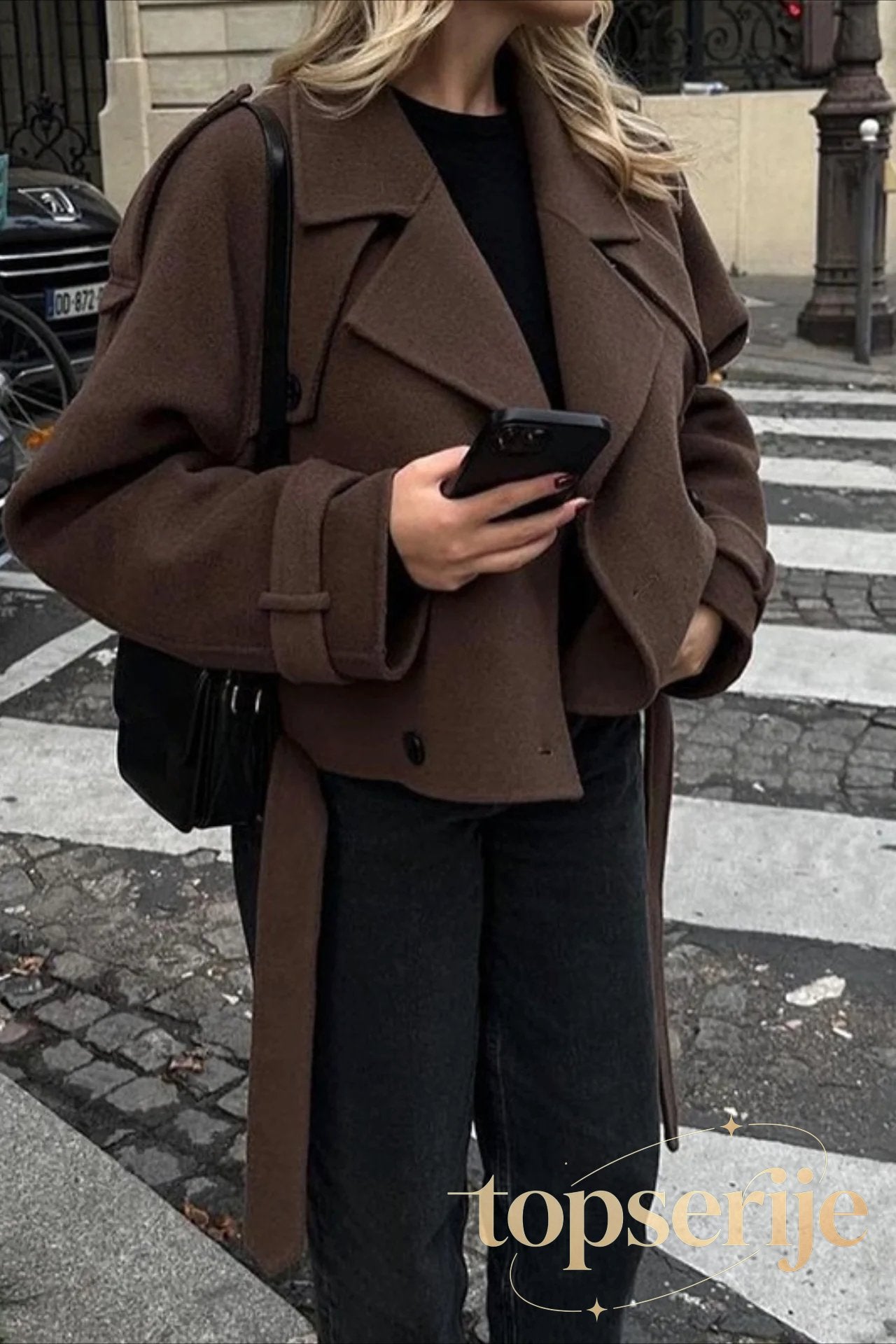 Wide Lapel Belted Cropped Wool Coat