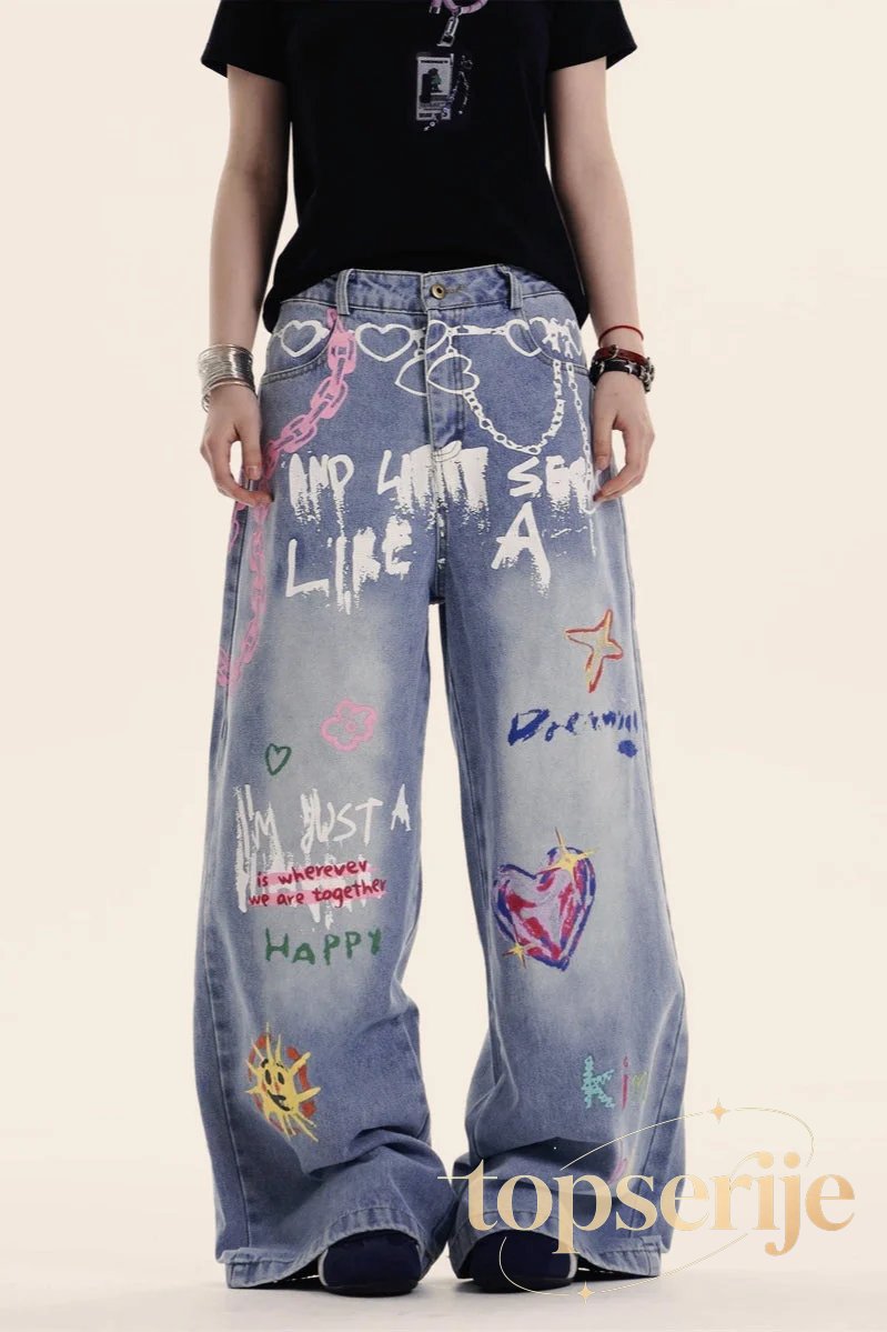 Y2K Baggy Graffiti Print Jeans