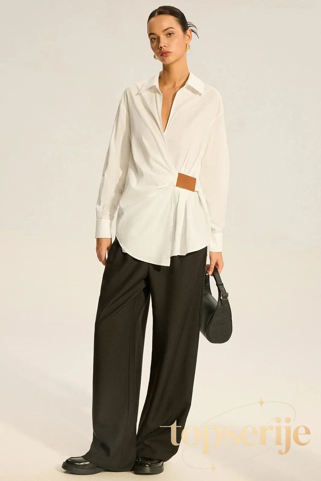 Faux Leather Panel Ruched Collared Slim Versatile Blouse