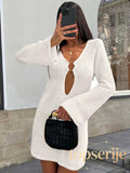 Knitted Flared Sleeve V Neck Mini Dress