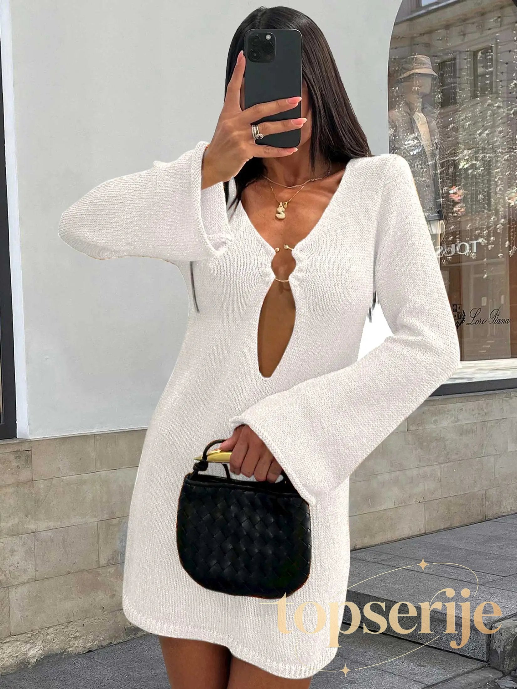 Knitted Flared Sleeve V Neck Mini Dress