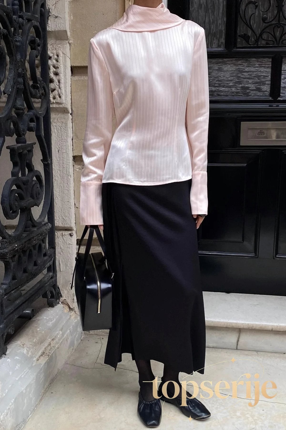 Stand Collar Neck Tie Slim Fit Workwear Long Sleeve Blouse