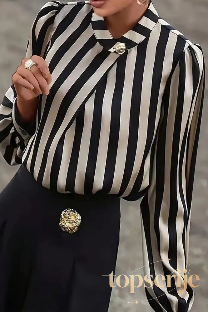 Striped Plus Size Satin Gold Button Elegant Workwear Blouse