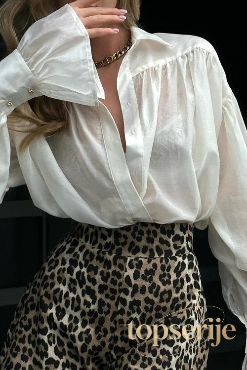 Loose Collared Solid Color Versatile Long Sleeve Blouse