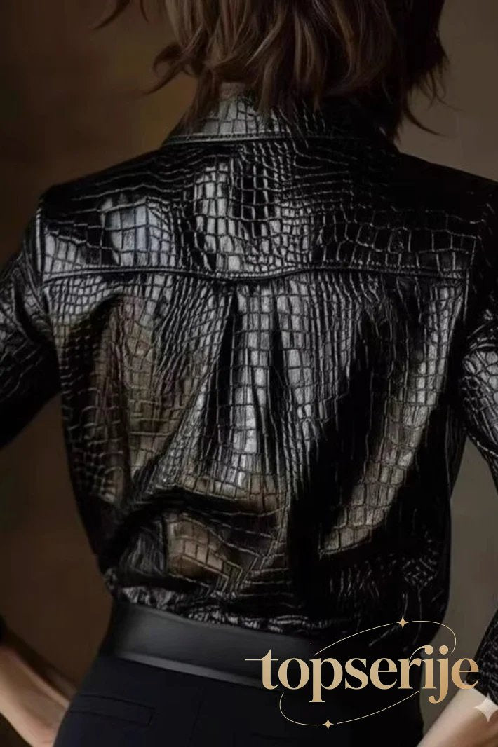 Snake Print Faux Leather Shiny Long Sleeve Chic Blouse