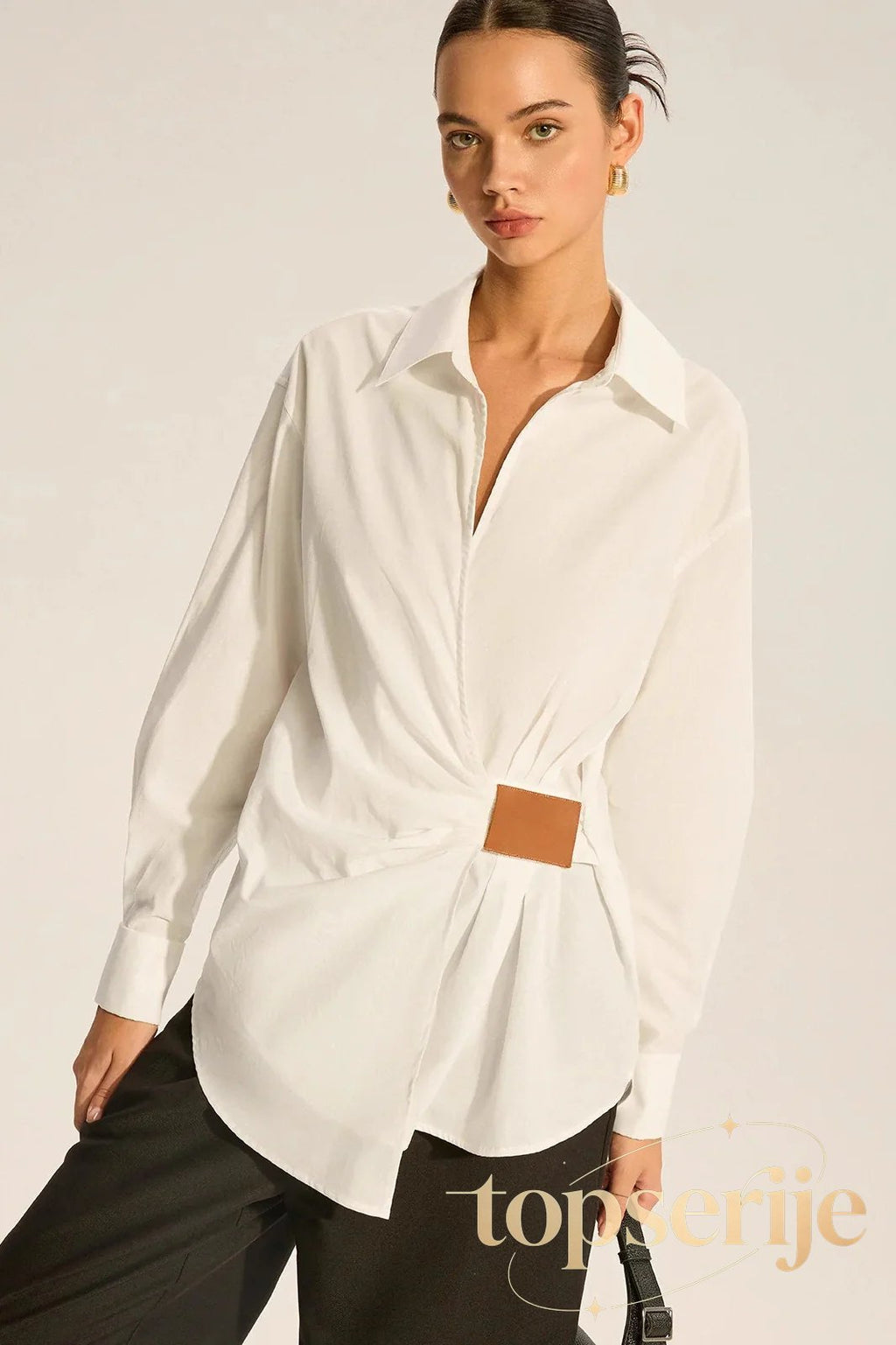Faux Leather Panel Ruched Collared Slim Versatile Blouse