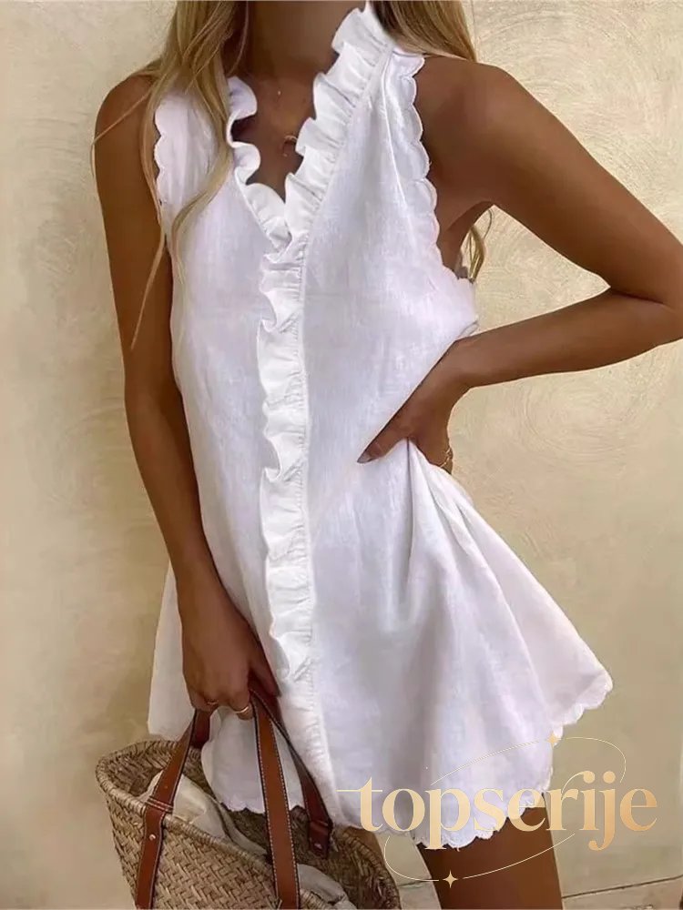 Cotton Linen Ruffle Sleeveless Mini Dress