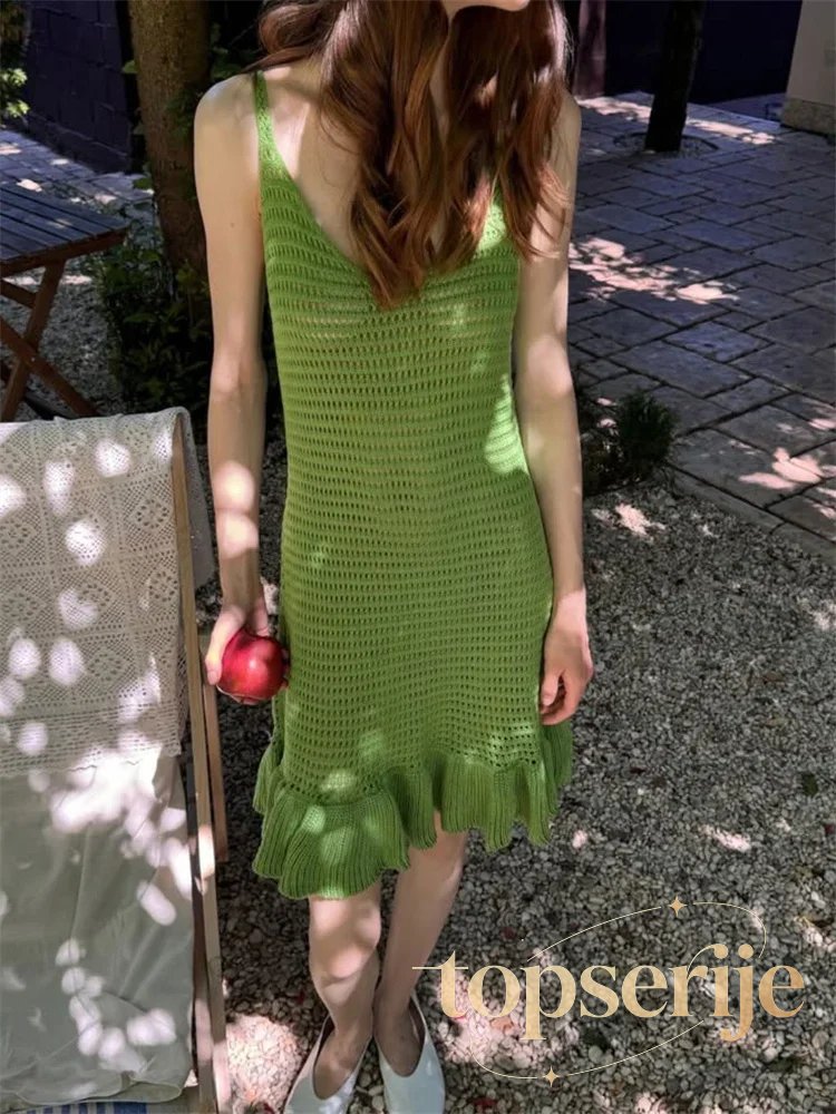 Knit Ruffle Hollow See-Through Mini Dress