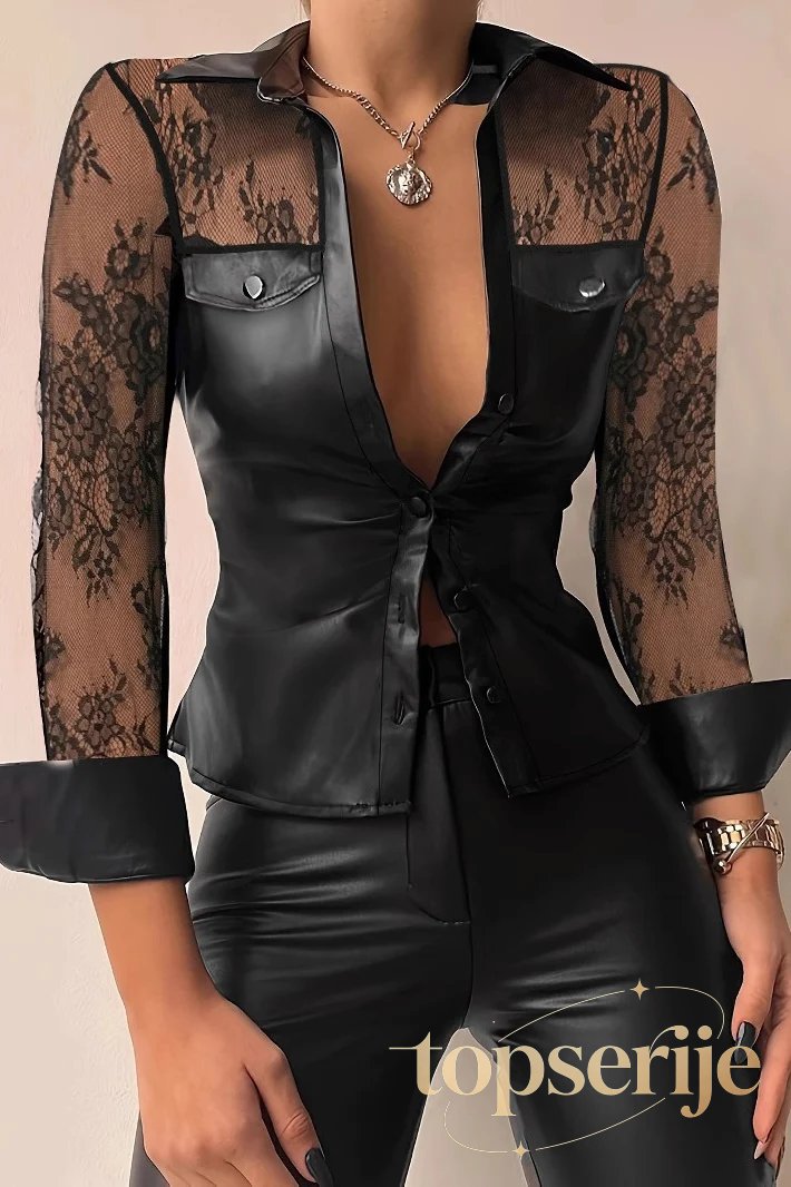 Lace Leather Panel Sheer Sexy Long Sleeve Chic Blouse